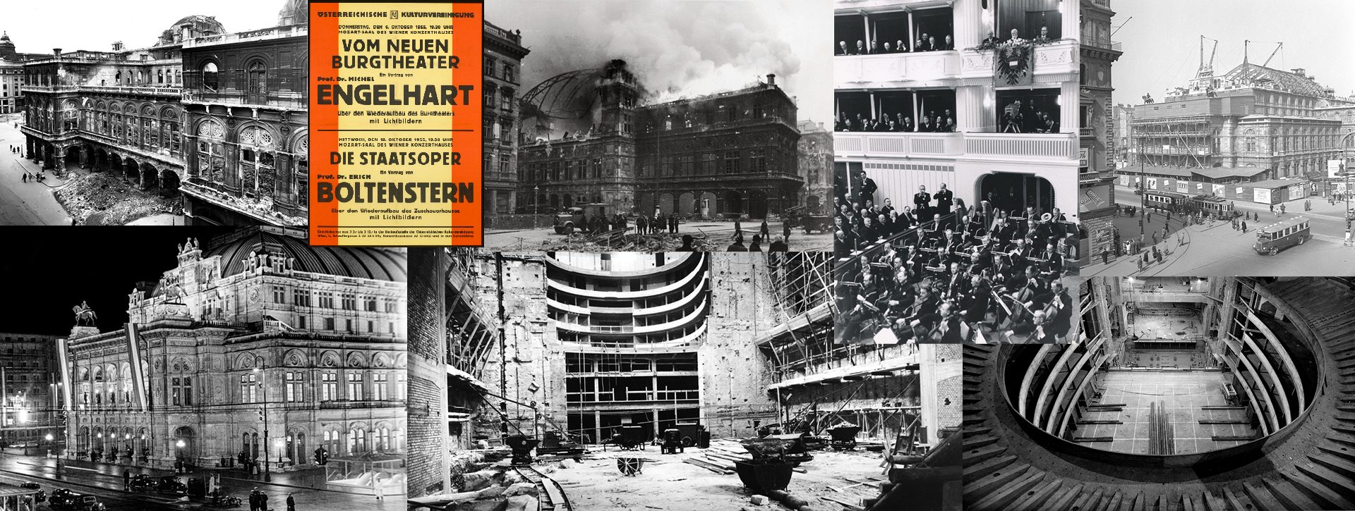 Historische Szenen des Wiener Burgtheaters: Aufnahmen zeigen den Wiederaufbau nach Zerstörungen, eine Aufführung im Theater und den Innenraum während der Renovierungsarbeiten. Ein Plakat kündigt eine Veranstaltung über das Burgtheater an. Die Bilder verdeutlichen die kulturelle Bedeutung und die Wiederbelebung nach Kriegszeiten.