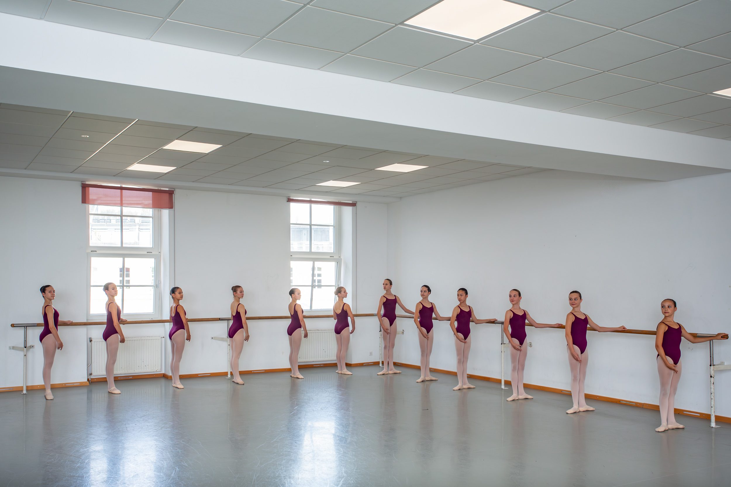 Eine Gruppe von elf Balletttänzerinnen steht in einem Tanzstudio in einer geraden Linie. Sie tragen lila Ballettanzüge und halten sich an einer Ballettstange fest. Das Studio hat große Fenster und einen hellen, minimalistischen Hintergrund.