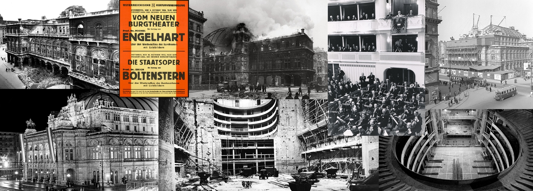 Das Bild zeigt historische Fotografien und Plakate des Wiener Burgtheaters und der Staatsoper. Es vermittelt den Wiederaufbau nach Zerstörungen, einschließlich Baustellen und Innenansichten. Die Vielfalt der Szenen hebt die kulturelle Bedeutung und die Entwicklung dieser berühmten Wiener Theater hervor.