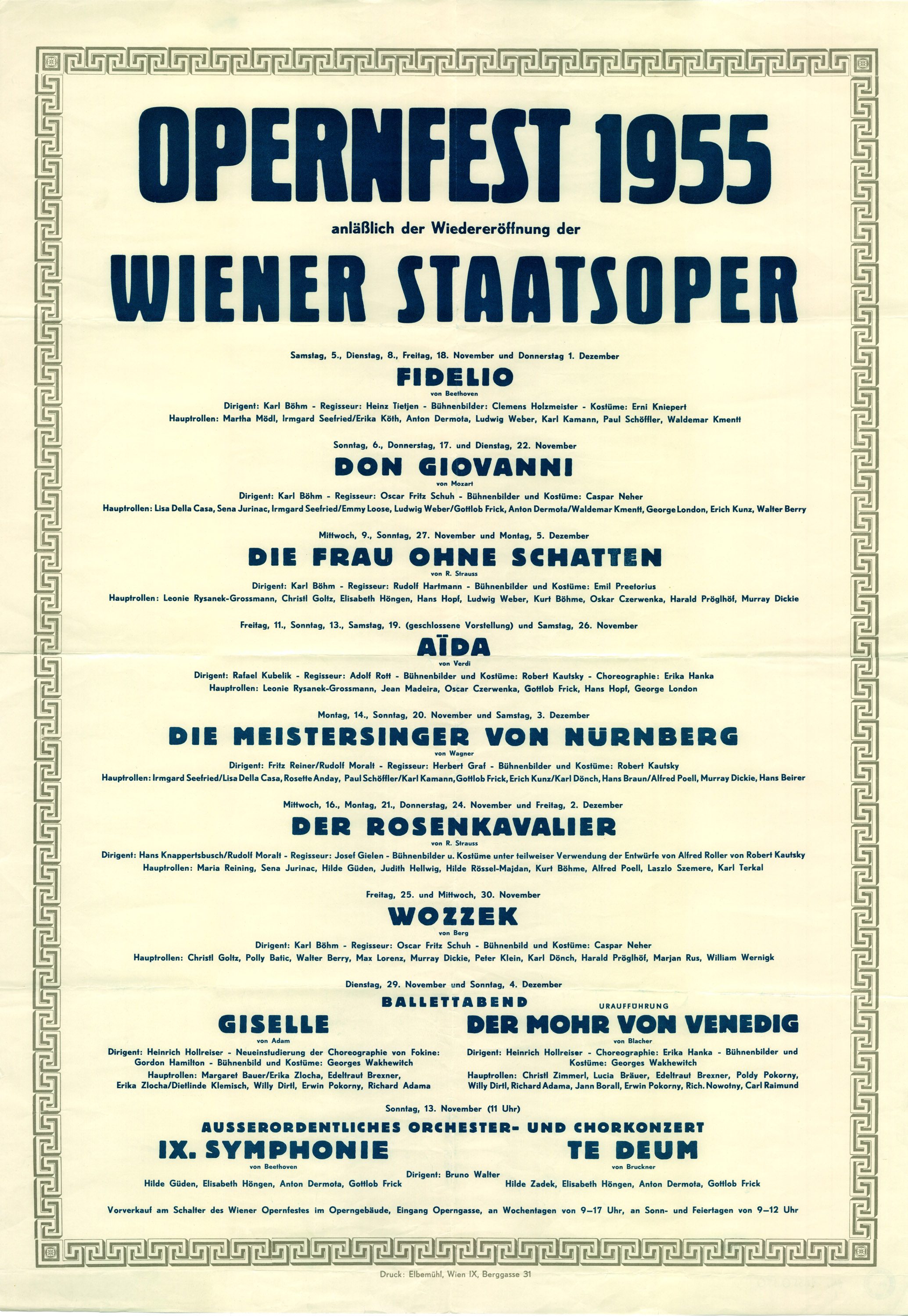 Das Bild zeigt ein Plakat für das Opernfest 1955 anlässlich der Wiedereröffnung der Wiener Staatsoper. Es listet verschiedene Opernaufführungen wie „Fidelio“, „Don Giovanni“ und „Aida“ sowie die auftretenden Dirigenten und Hauptdarsteller auf.