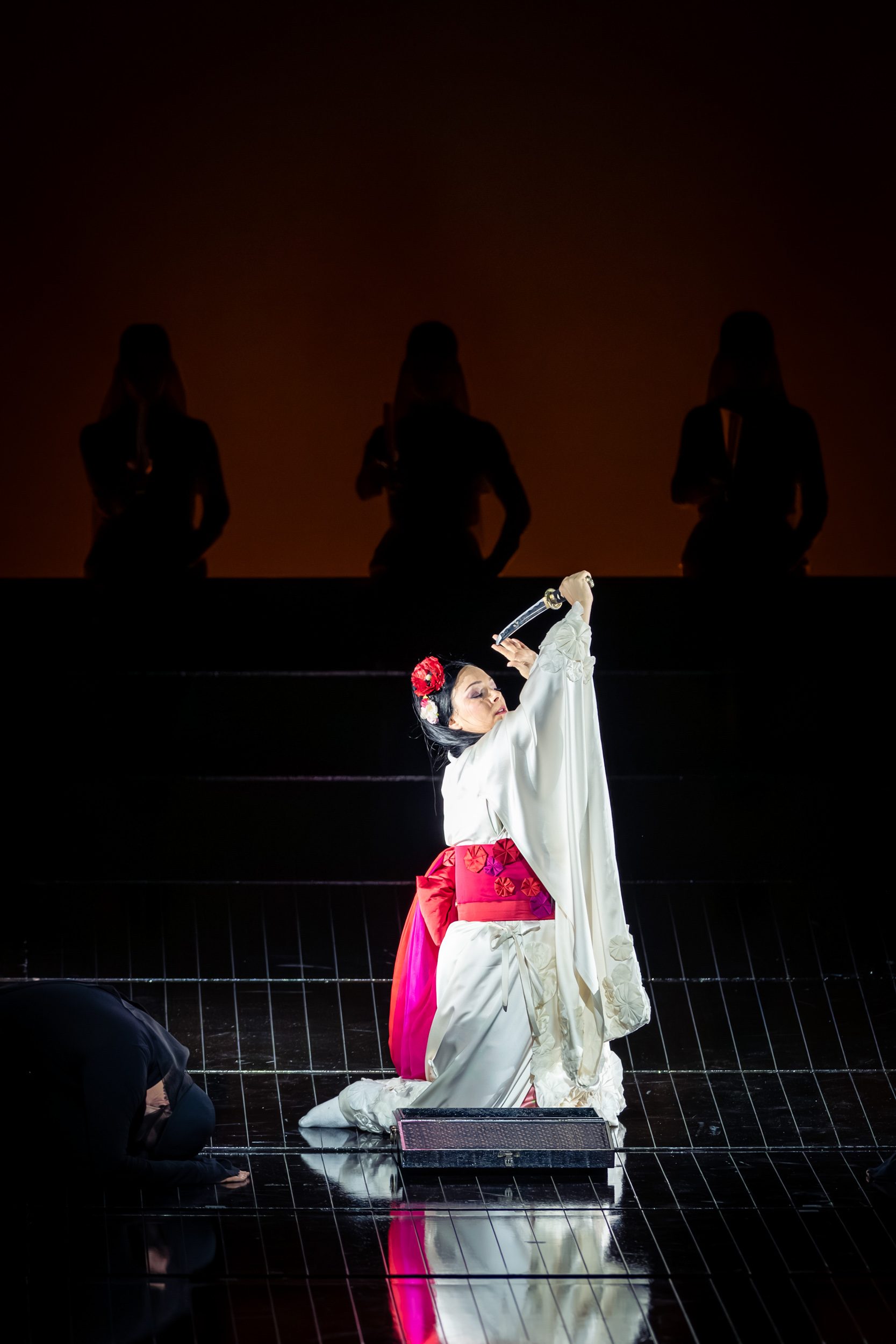 A performer in traditional white attire with a red sash kneels on stage, holding a sword aloft. They are framed by a dramatic dark background, with shadowy figures behind them. The scene conveys a sense of intensity and artistry, highlighting the fusion of culture and performance.