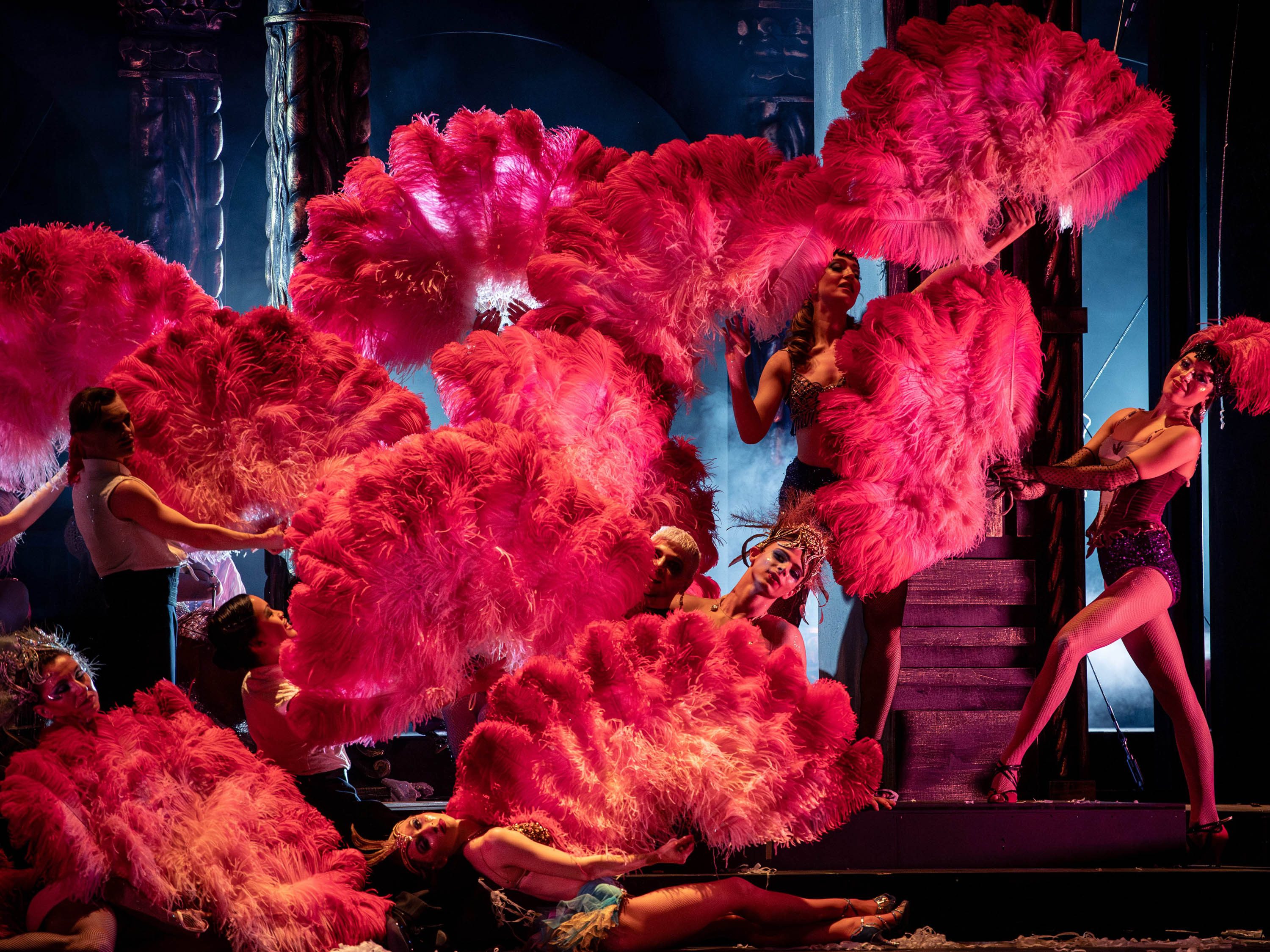 Man sieht viele Frauen, die alle riesige pinke Fächer aus Federn in den Händen halten.