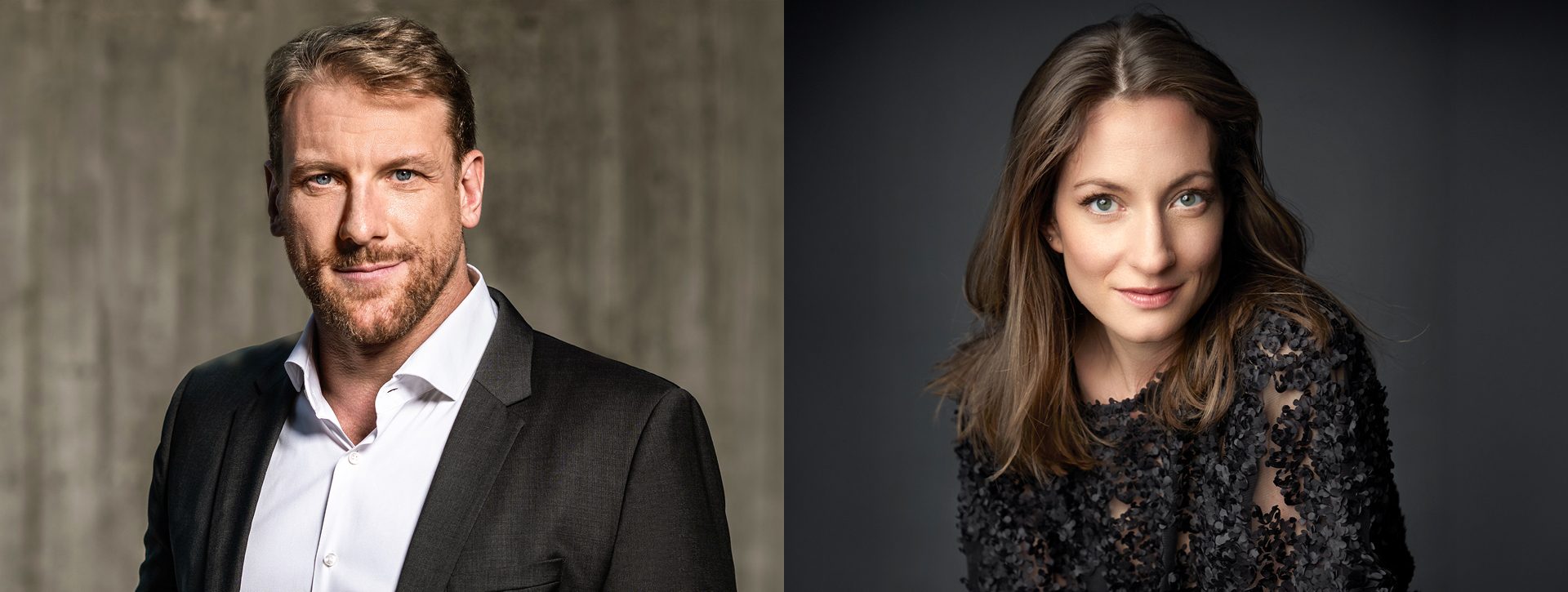 Zwei Portraits: Links ein Mann mit kurzem, blondem Haar und Bart, der einen schwarzen Anzug trägt. Rechts eine Frau mit langen, braunen Haaren und einem eleganten, dunklen Kleid. Beide blicken in die Kamera mit freundlichen Ausdrücken.