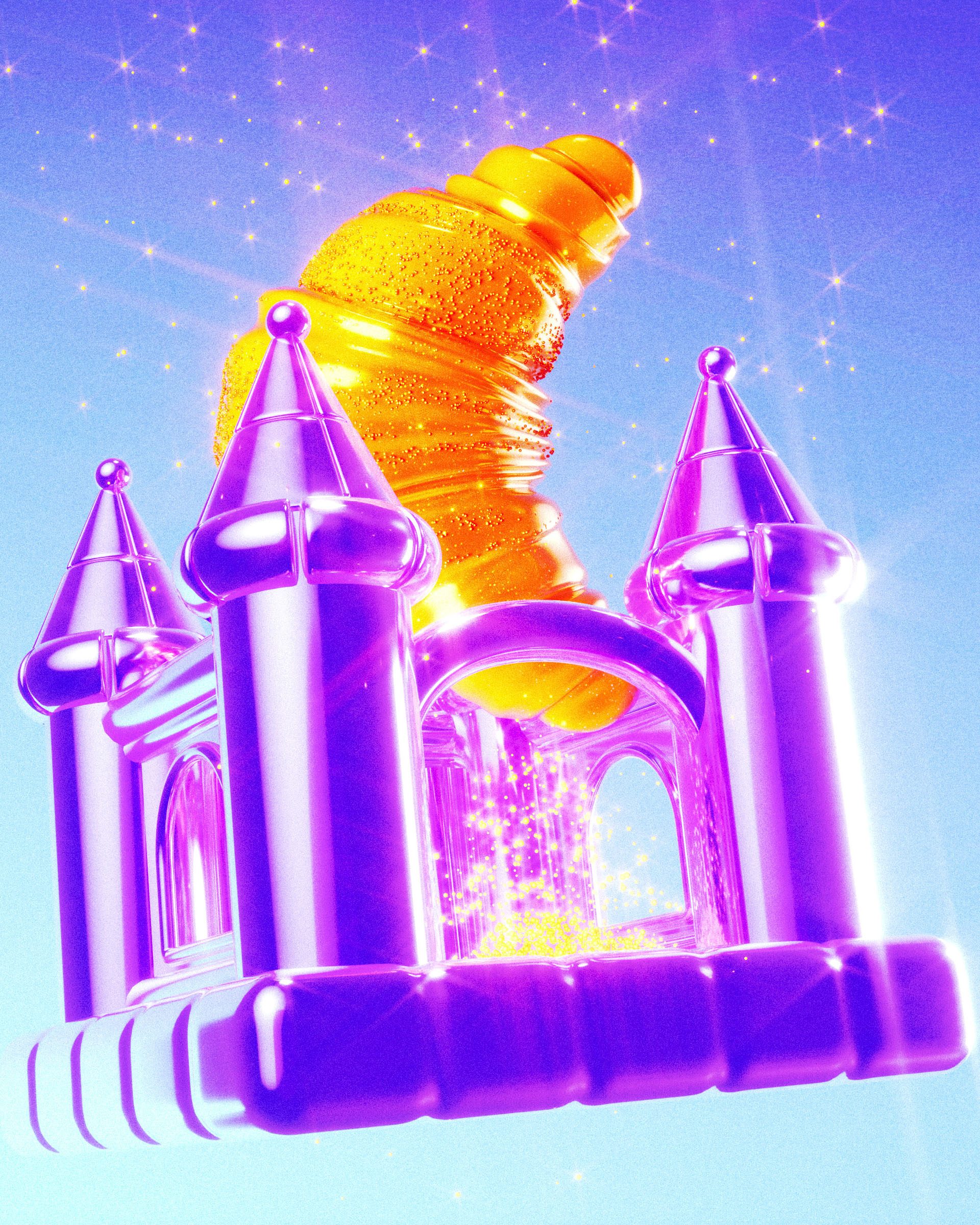 Ein fantasievolles, glitzerndes Schloss in Lila mit einem großen, leuchtend gelben, spiralförmigen Element oben. Das Bild strahlt eine verspielte, magische Atmosphäre aus und vermittelt den Eindruck von Vergnügen und Staunen.