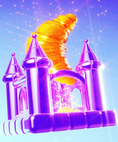 A whimsical, shiny purple castle with pointed towers sits against a gradient blue background. Above the castle, a bright, swirling golden ice cream cone appears to float, surrounded by sparkling stars, creating a magical and playful atmosphere.