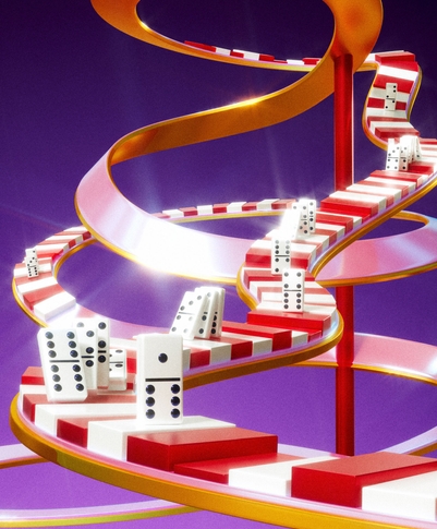 Eine spiralförmige Bahn aus runden und schmalen Streifen führt in die Höhe. Auf den Streifen liegen zahlreiche Domino-Steine, die aufeinander gestapelt sind. Der Hintergrund ist lila und die Bahn ist in leuchtenden Farben gestaltet.
